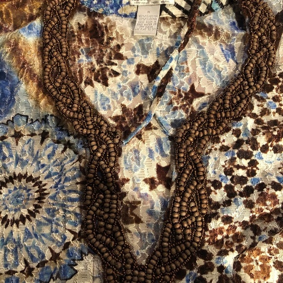 Alberto Makali   medium blue & brown lace print poncho top with sleeves - Picture 2 of 9